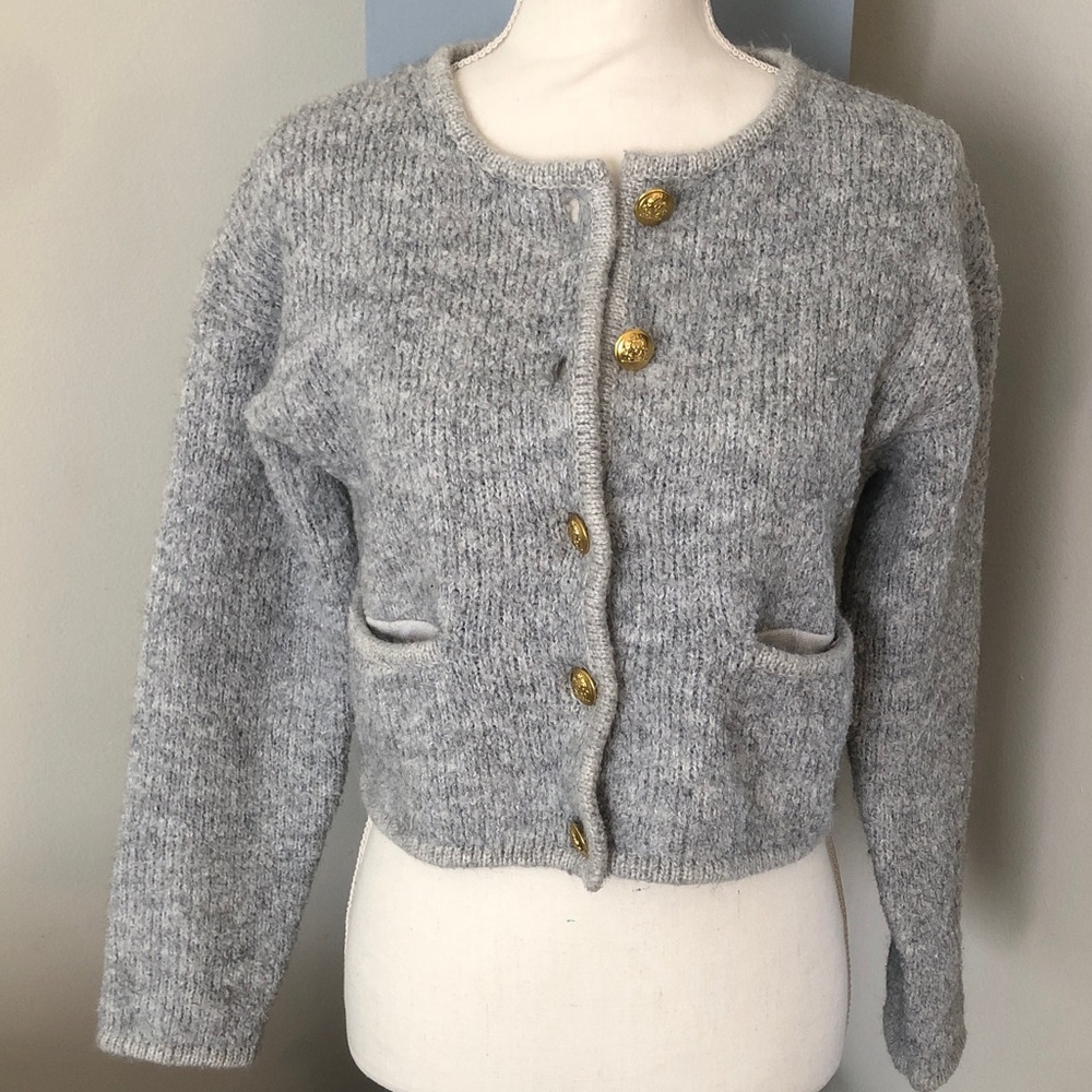 GAP Heather Gray Cropped Cardigan with Gold Buttons